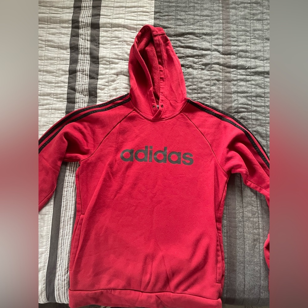 ADIDAS Red & Black 3 Stripe Pullover Hoodie Hooded Sweatshirt ED6932 Mens Medium